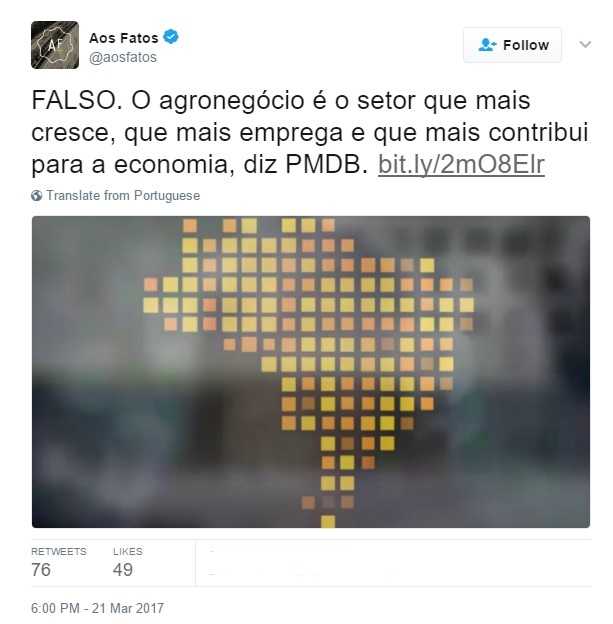 Imagem de um post no Twitter da agência de checagem Aos Fatos com um mapa estilizado do Brasil feito com quadrados amarelos