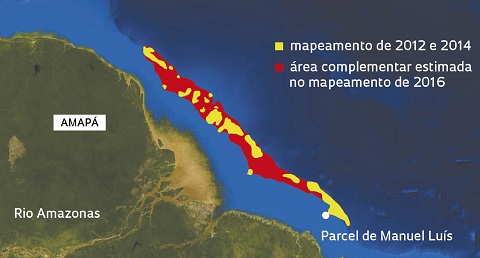 Mapa com os estados do Piauí, Pará e Maranhão e uma faixa colorida destacando a localização dos corais